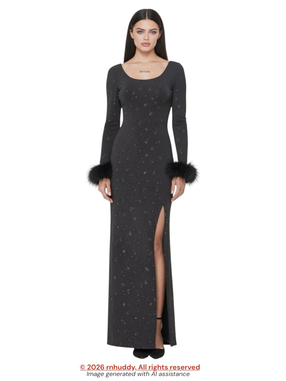 VTG Evenings by Allen B M black sparkly faux fur cuff maxi dress with slit